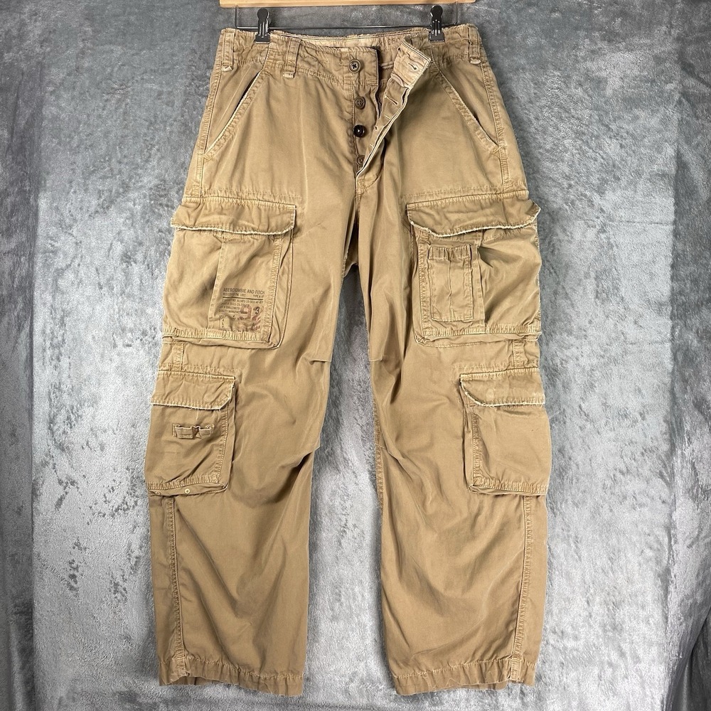 VTG Abercrombie & Fitch Pants Men Small Tan Paratrooper Baggy Military Y2K Cargo